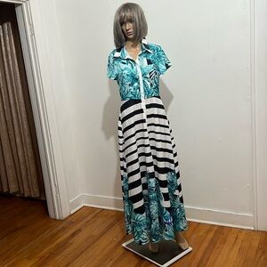 CBR Artsy Boho Blue Greens Floral Black White Striped Boho Maxi  Dress Size L